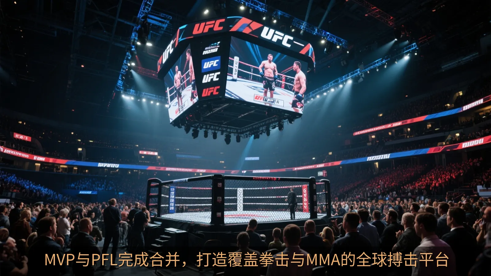 全球搏击赛事现场观众与大屏幕直播画面